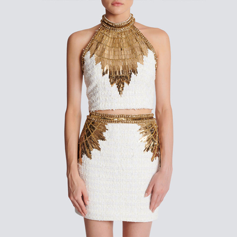 Balmain Women's Summer Color Block Beaded And Rhinestone-Embellished Short Halter Tank Top Casual High-Street Sequined High-Waisted Tweed Skirt Ngvp #2262