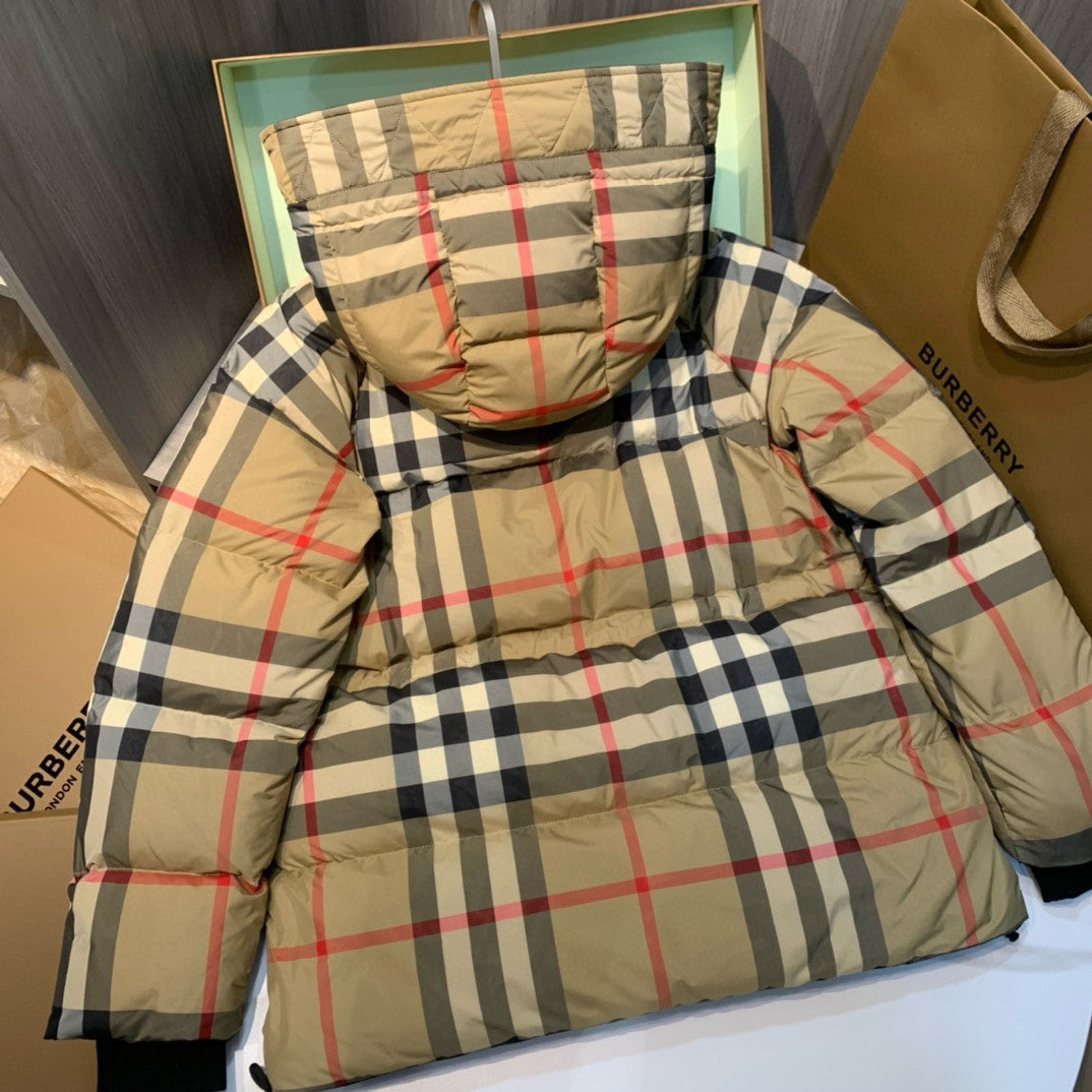 Burberry Fashion Casual High Neck Hooded Zipper Plaid Detachable Hood Plaid Recycled Polyester Down Jacket #79372