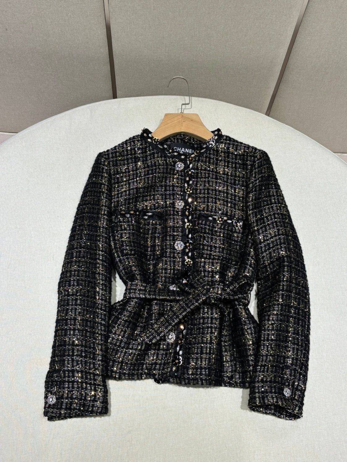 Chanel Women's Spring/autumn Vintage Suit Black And Gold Rhinestone Floral Embroidery Blend Belt Long Sleeve Jacket Pleated Halter Dress Vacation Set Ngvp #2243