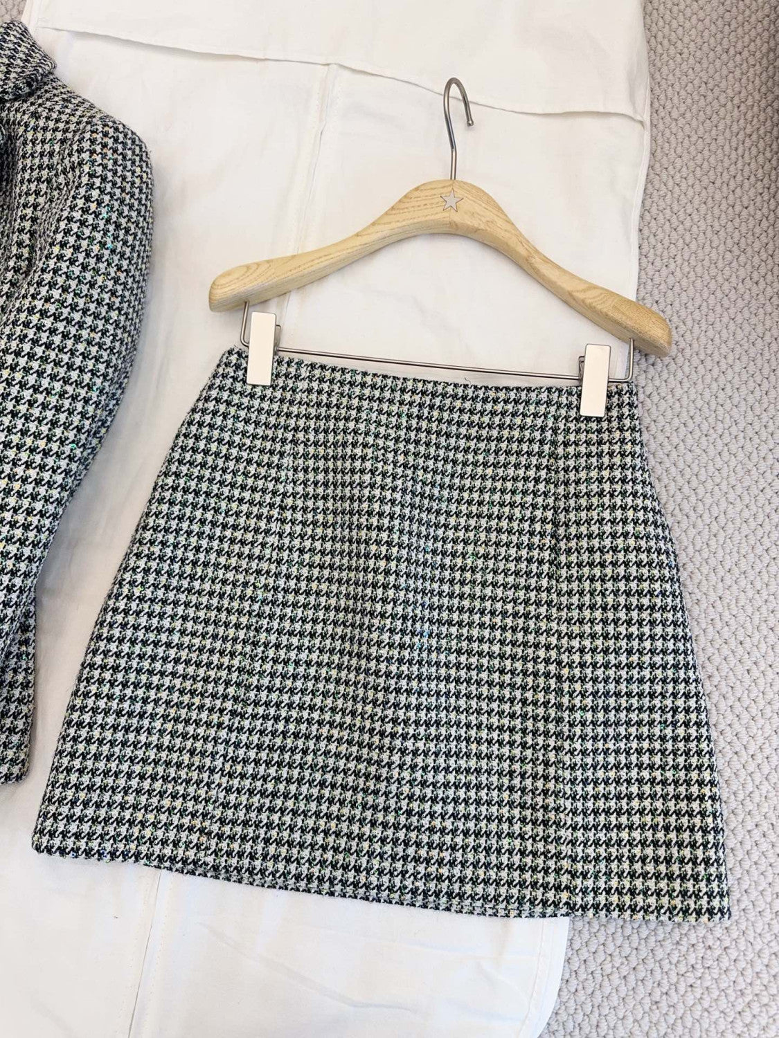 Dior Bar Blazer Skirt Black and White Houndstooth Virgin Wool Blend With Multicolor Sequins #377177