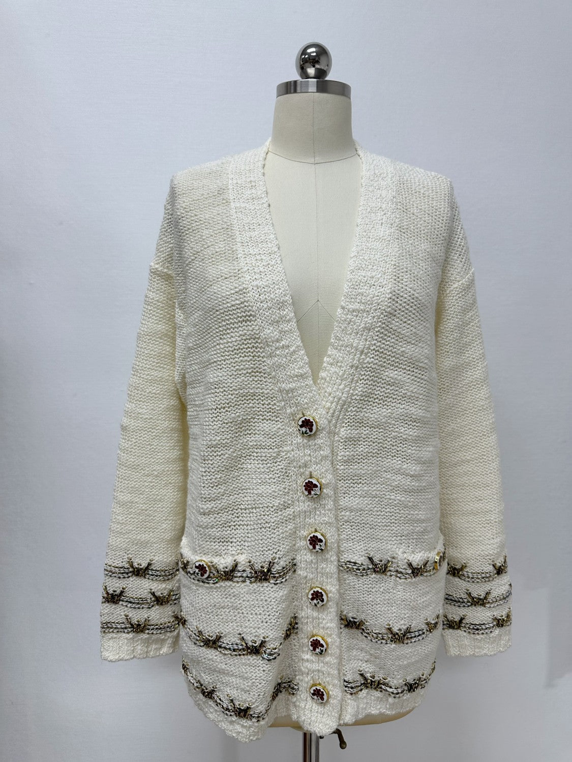 Chanel Women's Spring/Fall Vintage V-Neck Single-Breasted Gold-Thread Knit Wool-Blend Cardigan Ngvp #2562