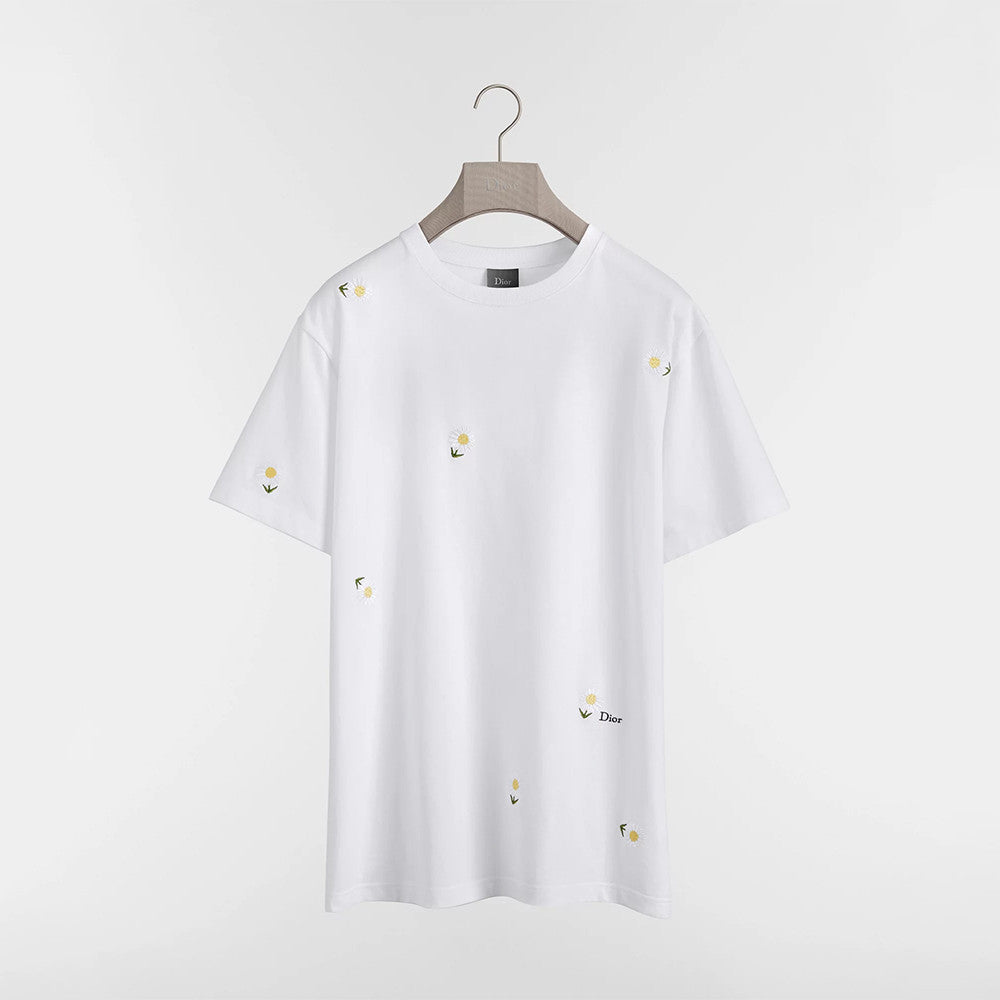 DIOR T-Shirt with Daisy Embroidery. Relaxed Fit White Cotton Jersey #377734