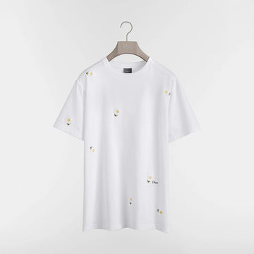 DIOR T-Shirt with Daisy Embroidery. Relaxed Fit White Cotton Jersey #377734