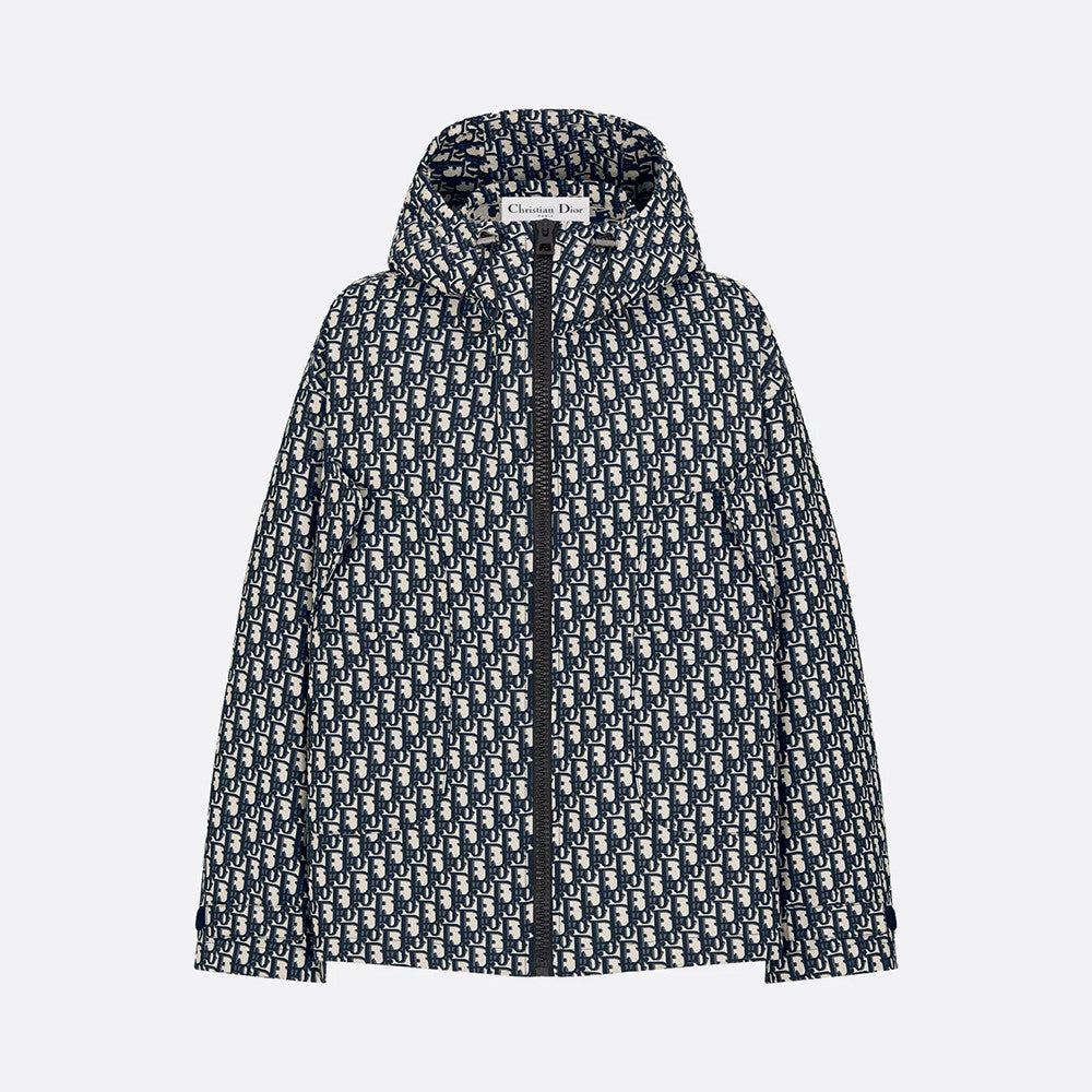 DIOR Hooded Jacket Blue Jacquard Technical Taffeta with Dior Oblique Motif #326749