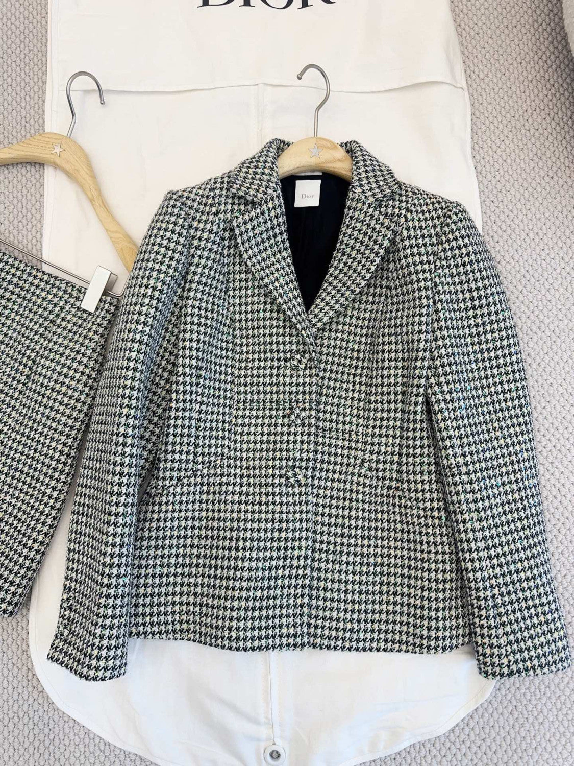 Dior Bar Blazer Skirt Black and White Houndstooth Virgin Wool Blend With Multicolor Sequins #377177