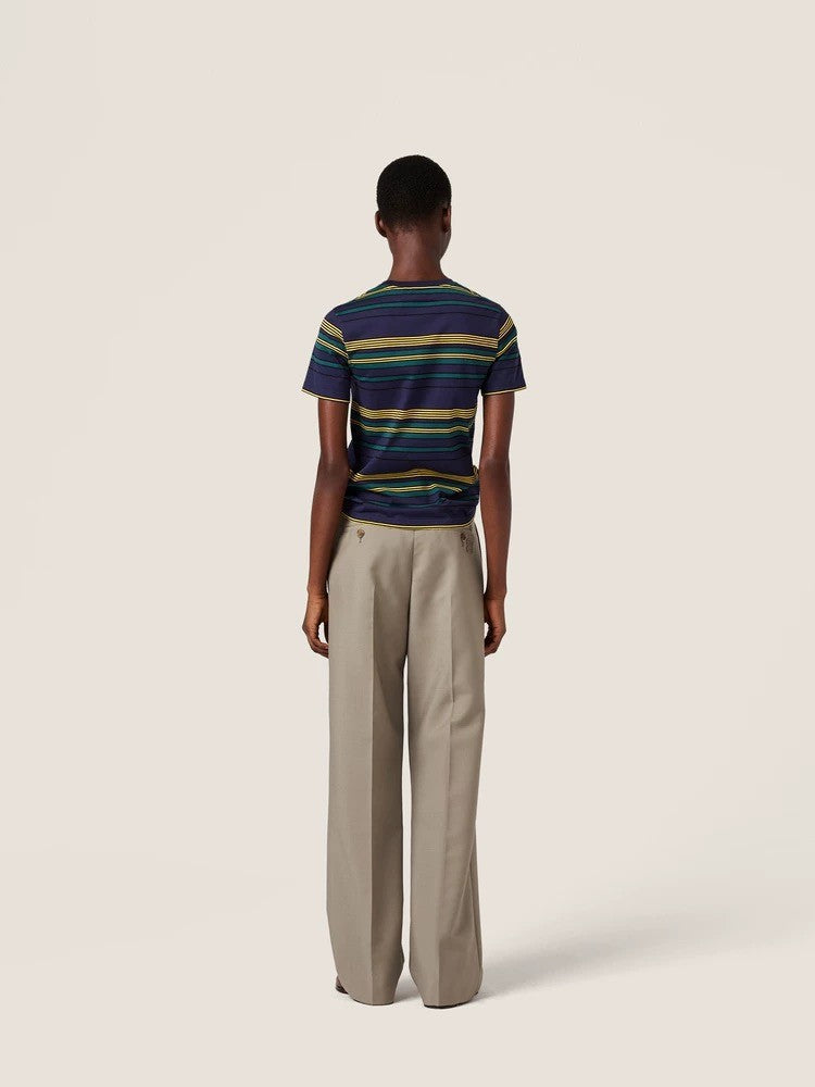 MiuMiu 25FW Women's Striped Short-sleeved T-shirt Yellow And Green Stripes Retro College Style Cotton Logo Pocket #332610
