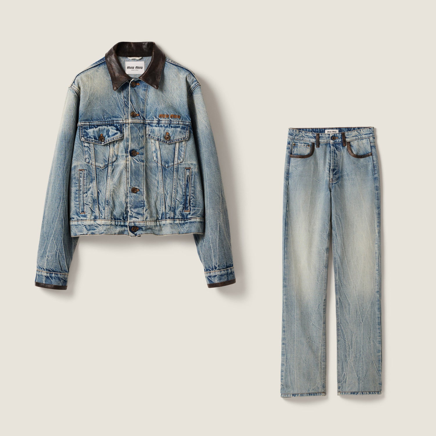 MiuMiu Women's Spring/Fall Fashion Casual Lapel Single Breasted Patchwork Leather Denim Jacket Stylish Relaxed Fit Denim Pants Suit Set #79385