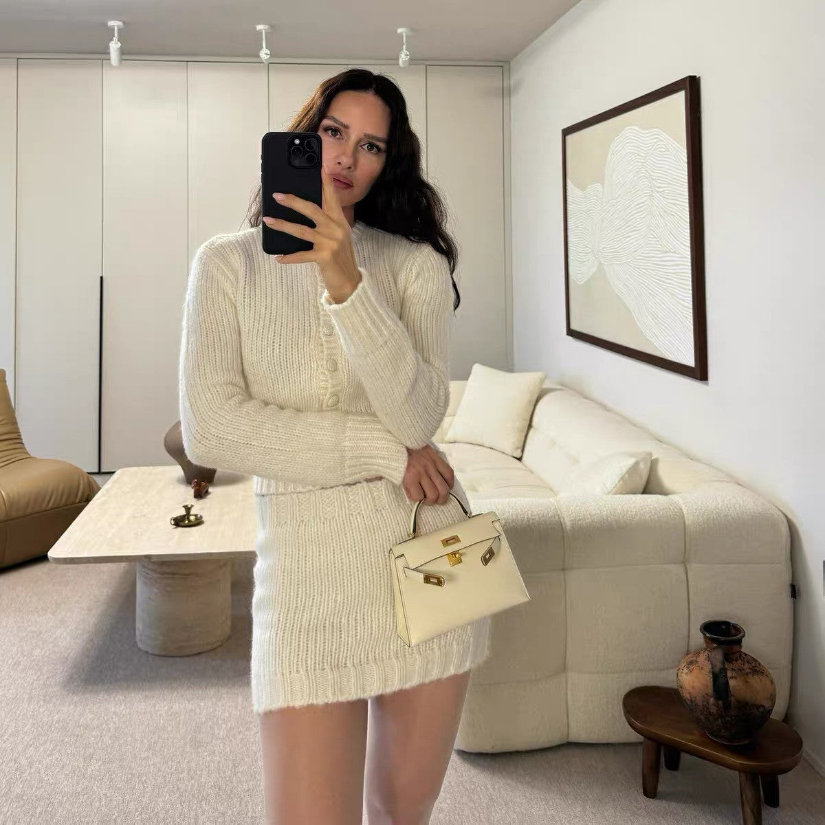 Helsa Women's Autumn And Winter Fashion Exquisite Suit Waisted Short Top Cardigan Hip Slim Daily Knit Skirt Black White Temperament Set Ngvp #2475