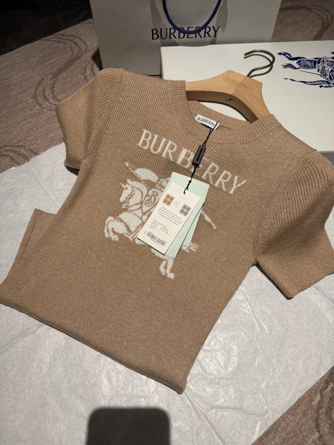 Burberry EKD Metallic Wool Blend Top in Archive Beige Gold #337142