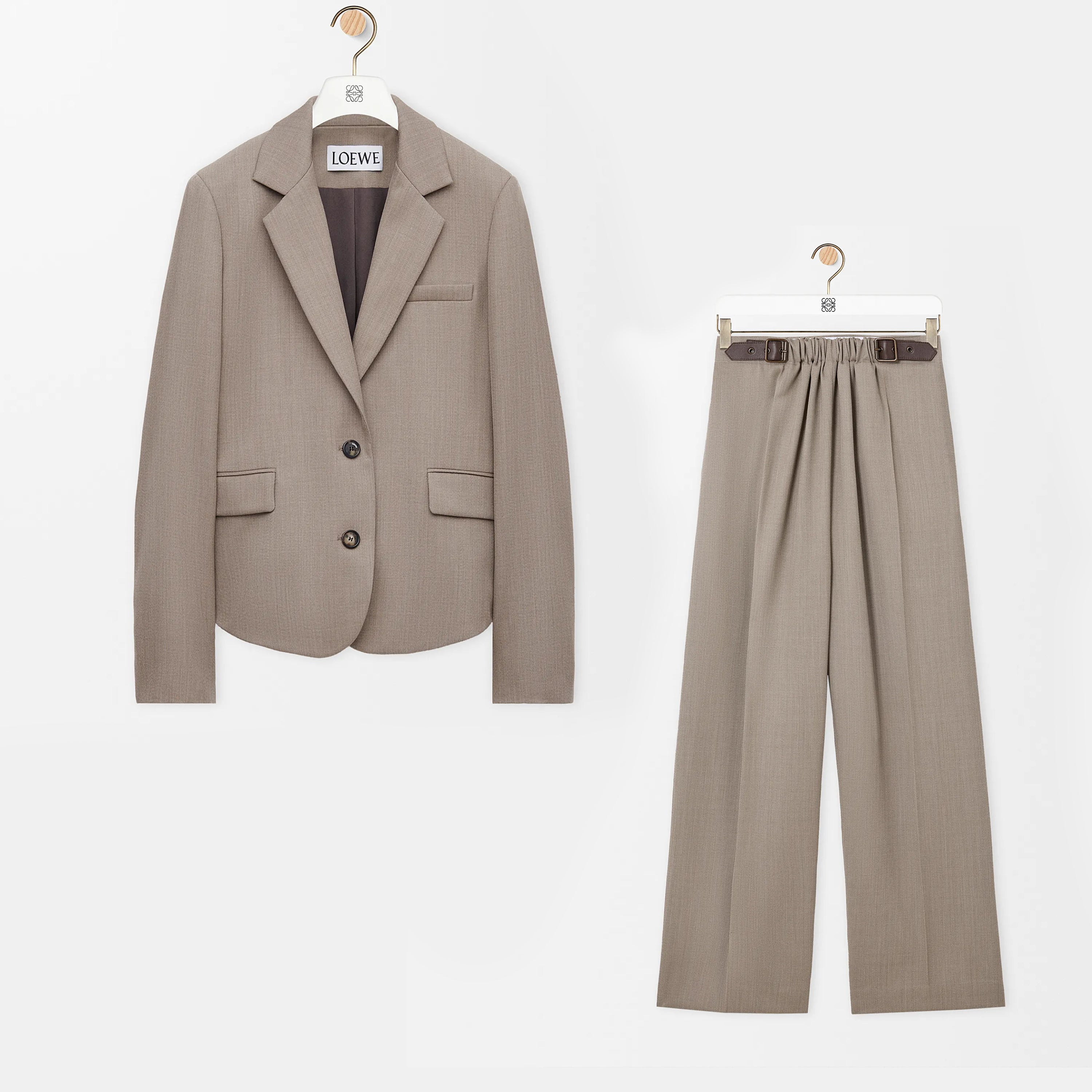 Loewe Women's Spring/fall Classic Solid Color V Neck Single Button Long Sleeve Blazer Paired With Solid Color Elastic Waist Straight Leg Suit Pants Suit Set #79228