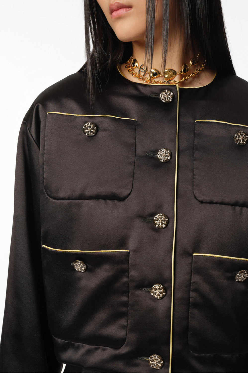 Chanel Women's Autumn And Winter Silk Color Blocking Short Cotton Jacket Fashion Exquisite Black Yellow Flash Diamond Button Luxury Jacket Ngvp #2465