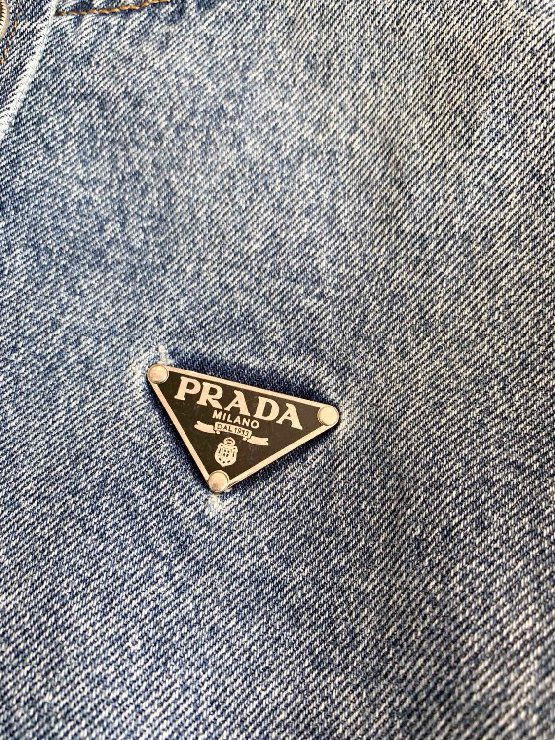 Prada Women's Spring/Summer/Fall Triangle Logo Waistband Denim Solid Color Single-Breasted Short Cotton Denim Blouson Jacket #81583