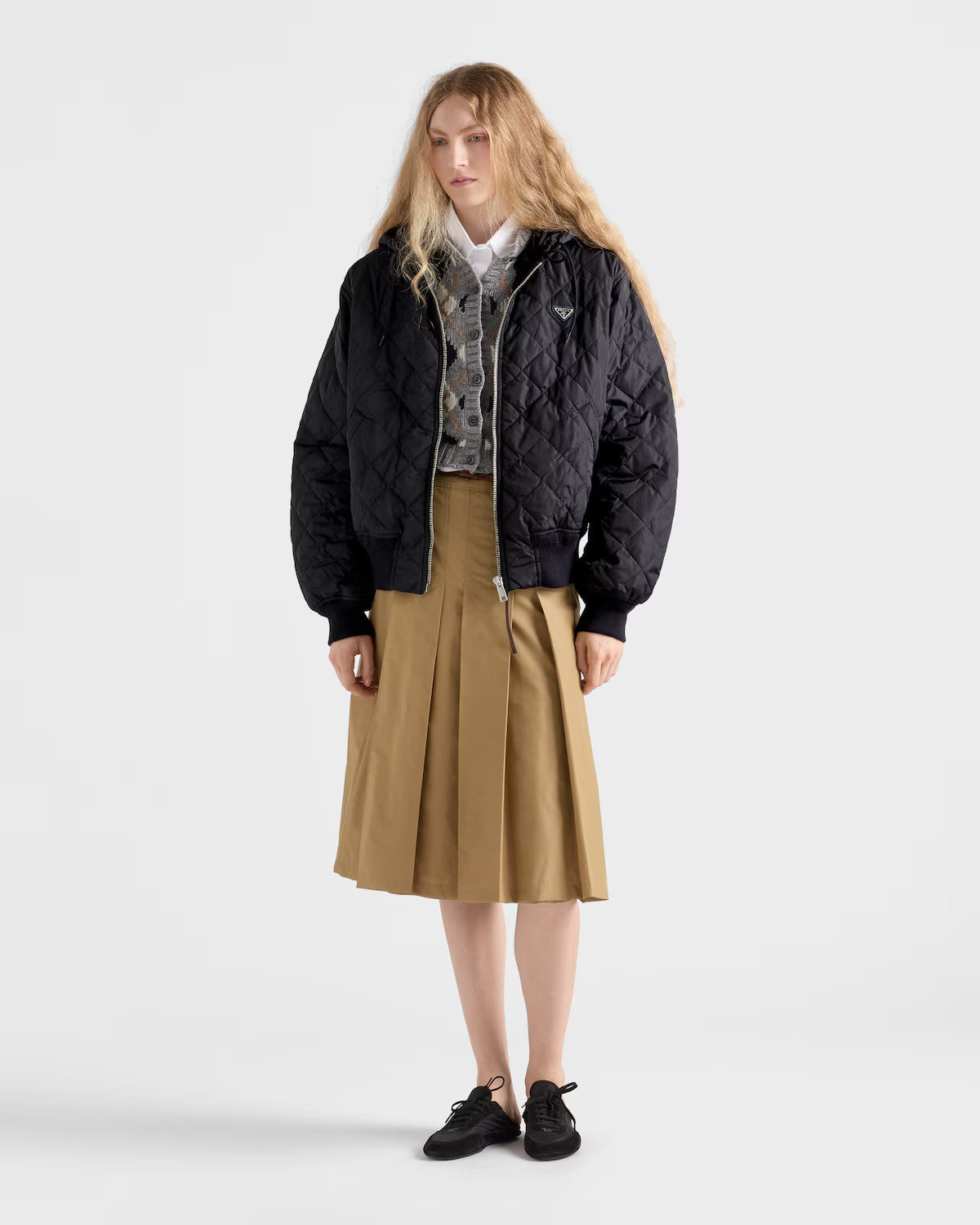 Prada Women's Lightweight Quilted Re-Nylon Jacket Logo Print Zipper Long Sleeve Solid Color Hooded Jacket #81724
