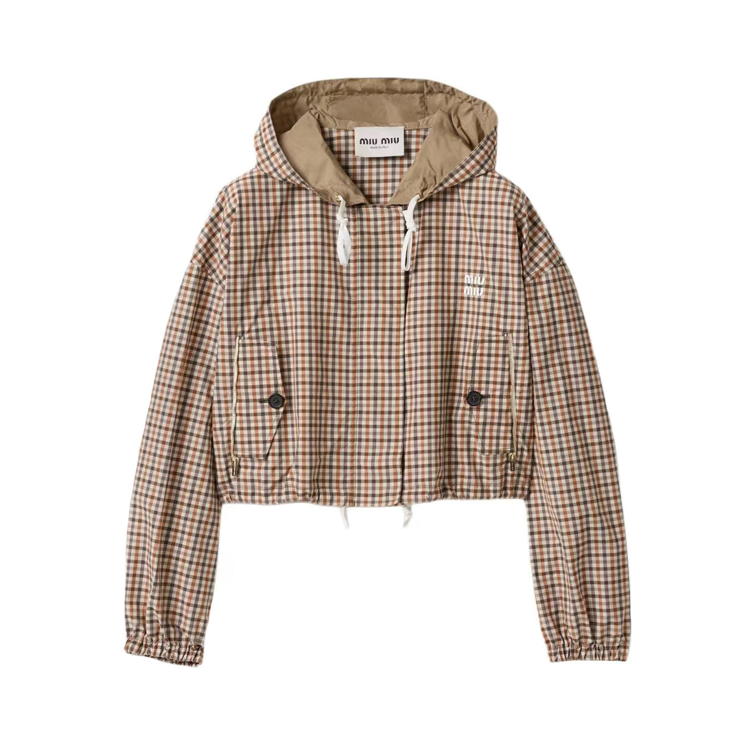 MiuMiu Women's Spring/Summer Fashion Casual Hooded Zipper Waist Elastic Checkered Jacket Waist Elastic Drawstring Checkered Casual Short Skirt Suit Set #79158
