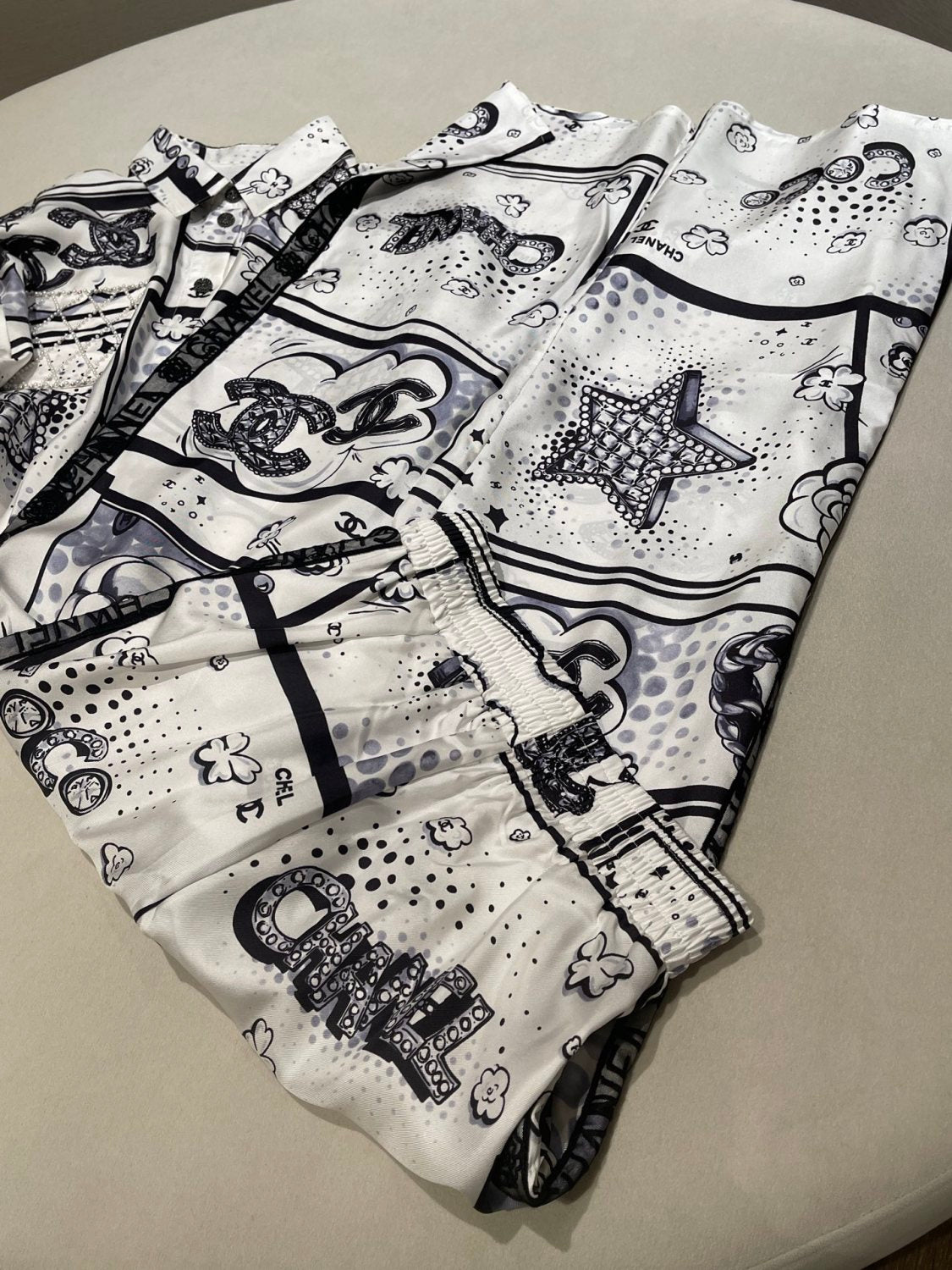 Chanel Hand-painted Camellia Silk Stretch Casual Pants Shirt #377175