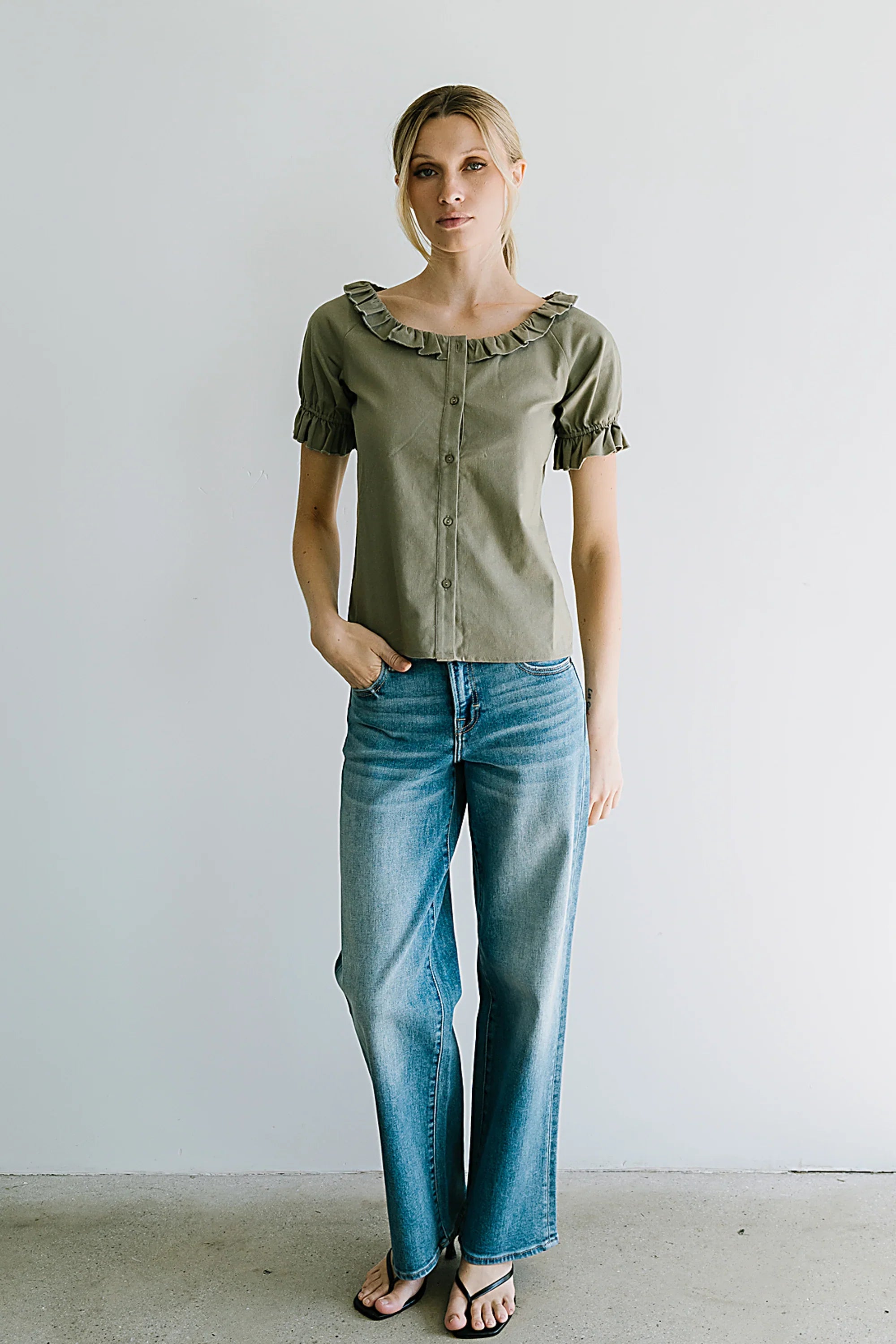 Connie Ruffle Blouse in Olive