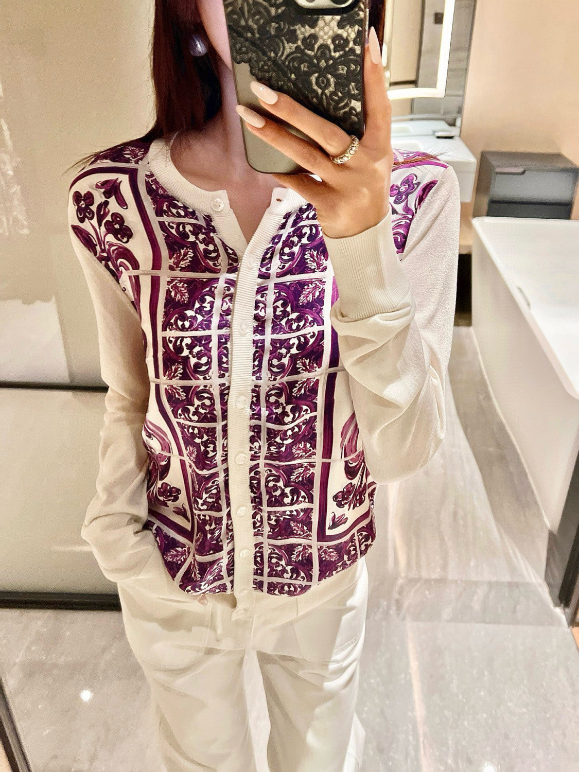 Dolce&Gabbana Majolica Printed Silk knitted Cardigan Women's Spring Summer Purple Fashion Elegant Single Breasted Sweater Ngvp #2427