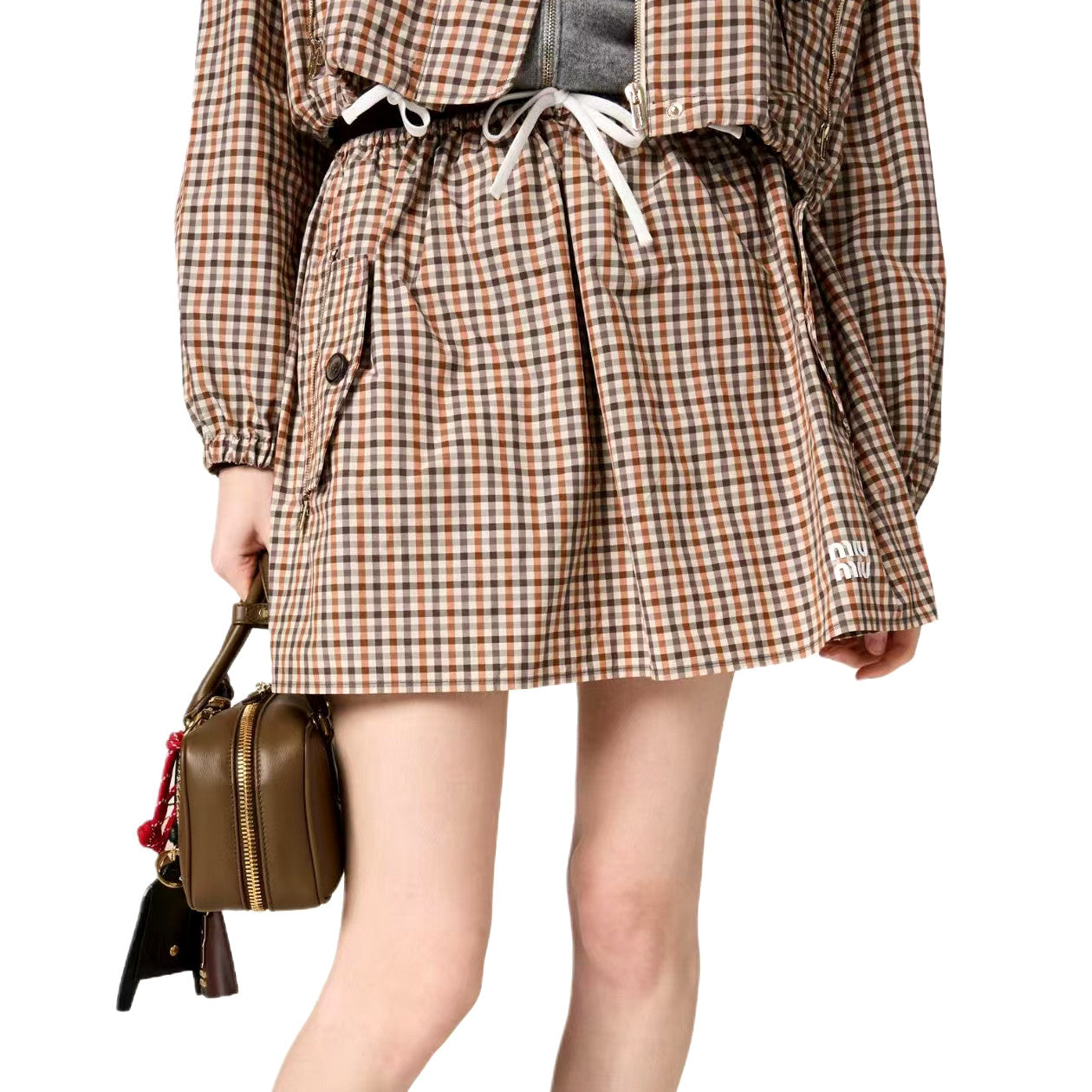 MiuMiu Women's Spring/Summer Fashion Casual Hooded Zipper Waist Elastic Checkered Jacket Waist Elastic Drawstring Checkered Casual Short Skirt Suit Set #79158
