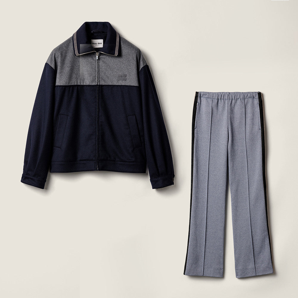 MiuMiu Blue grey Velour Blouson Zipper Jacket Navy Jersey Pants   #335444