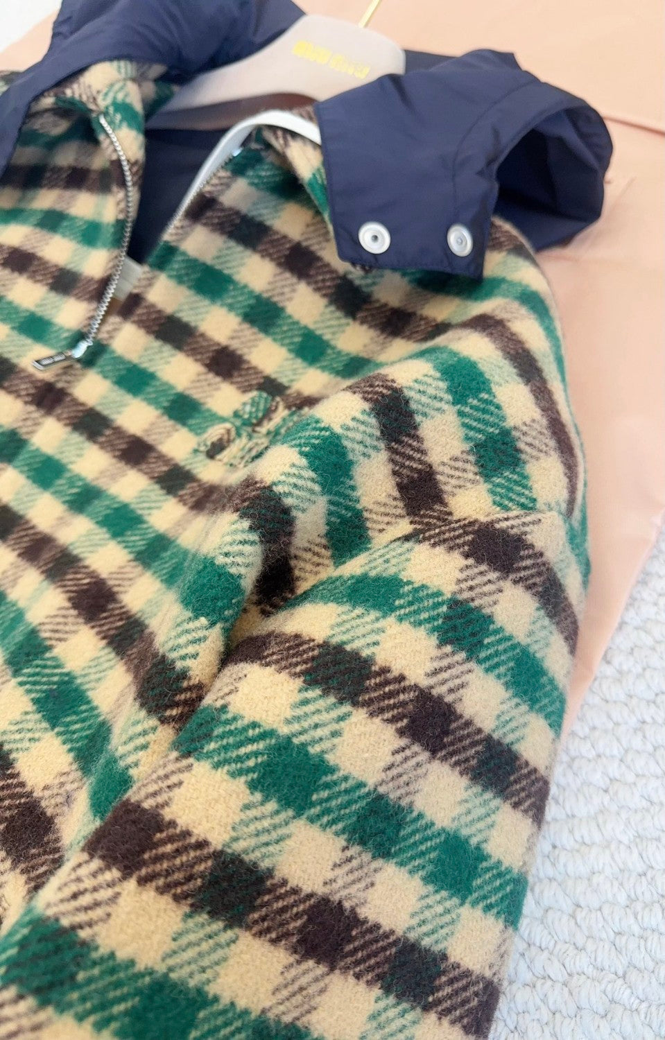 MiuMiu Women's Fall/Winter Lettering Eembroidered Logo Hood Zip Camel Green Navy Check and Technical Jacket #332611