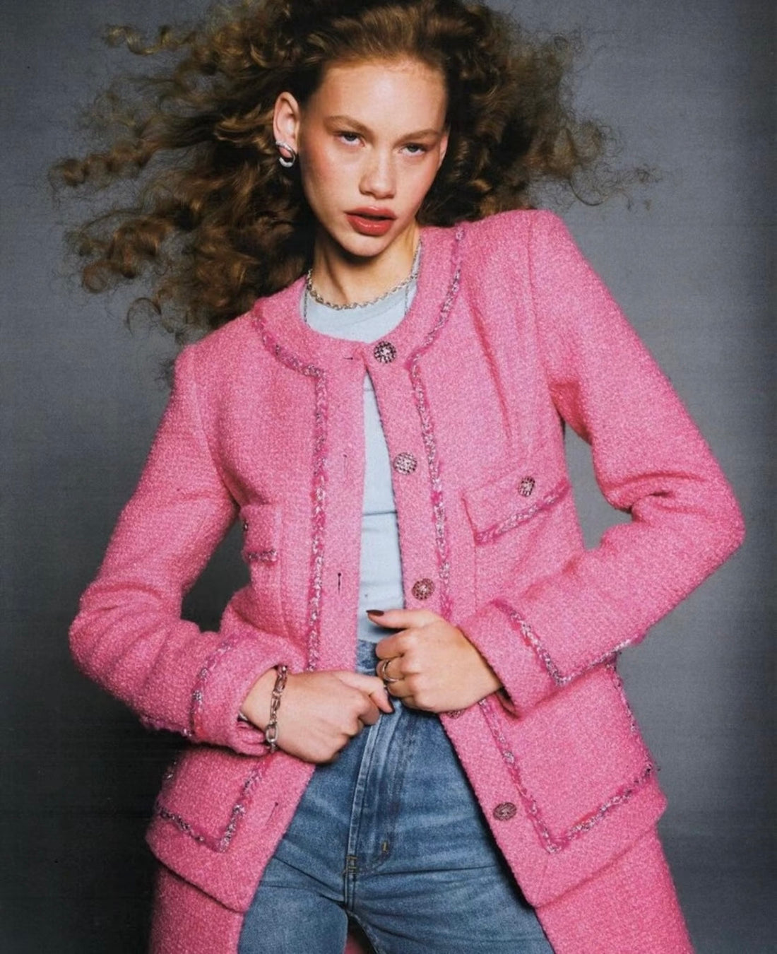 Chanel Tweed Pink Silver Silk Long Coat #335876