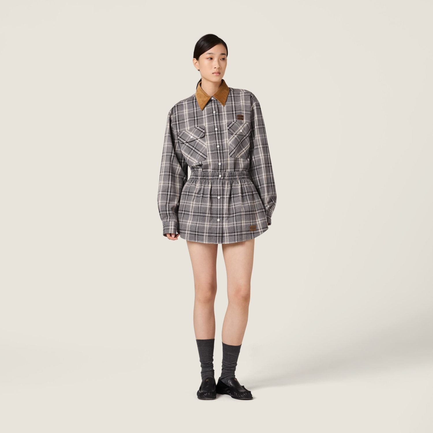 MiuMiu Slate Gray Checked Flannel Shirt Miniskirt #333609