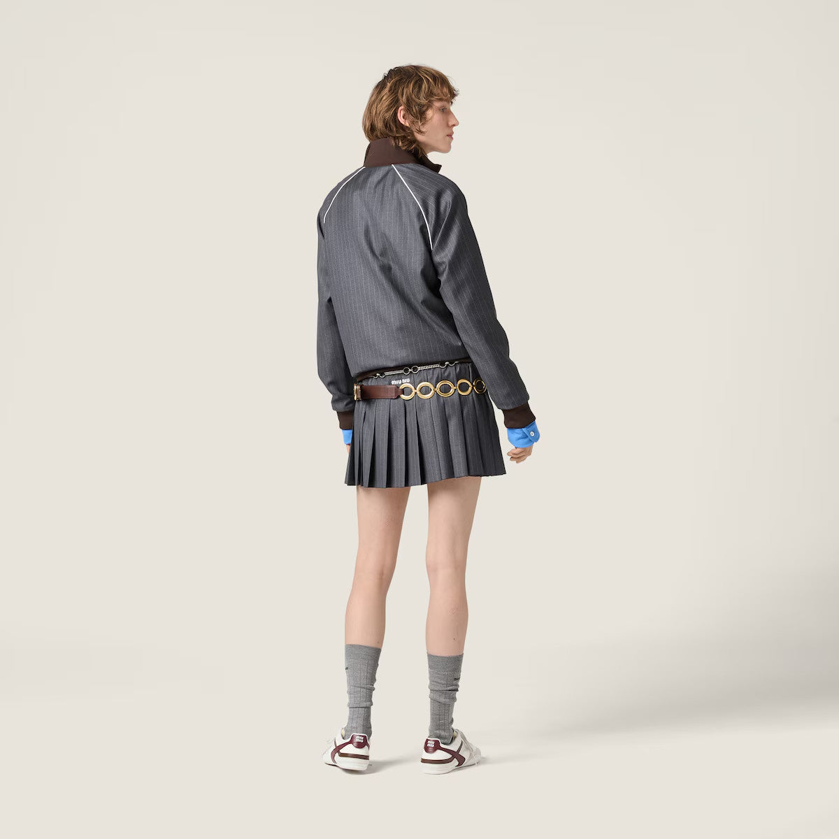 MiuMiu Women's Striped Wool Patchwork Stand-up Collar Zipper Spring/Autumn Long-sleeved Jacket Casual Stretch Solid Color Pleated Mini Skirt #81495