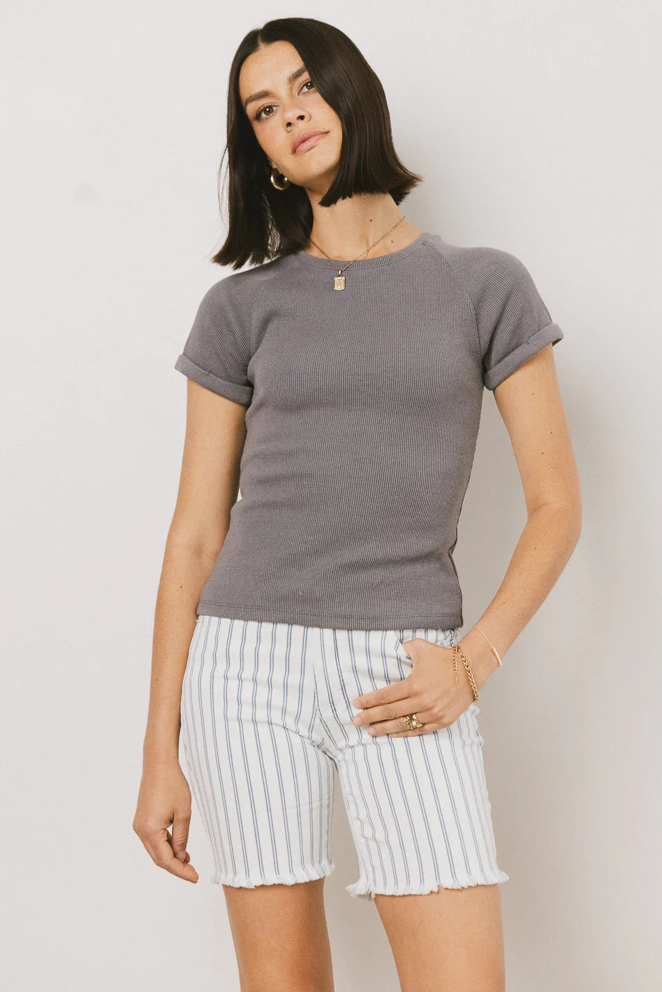 Kammie Ribbed Basic Tee in Slate Blue