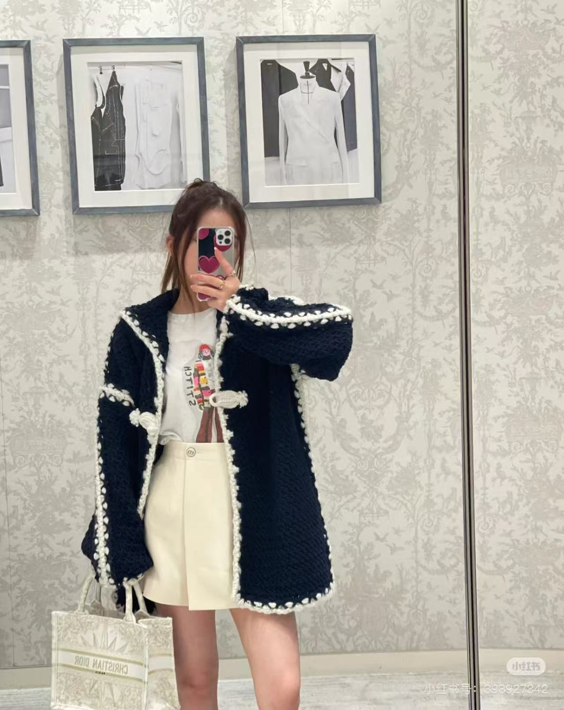 Dior Women's Fall/Winter Chunky-Knit Wool Coat with Vintage Knotted Buttons Navy Collar Knit Solid-Color Oversized Cardigan Sweater Ngvp #2512