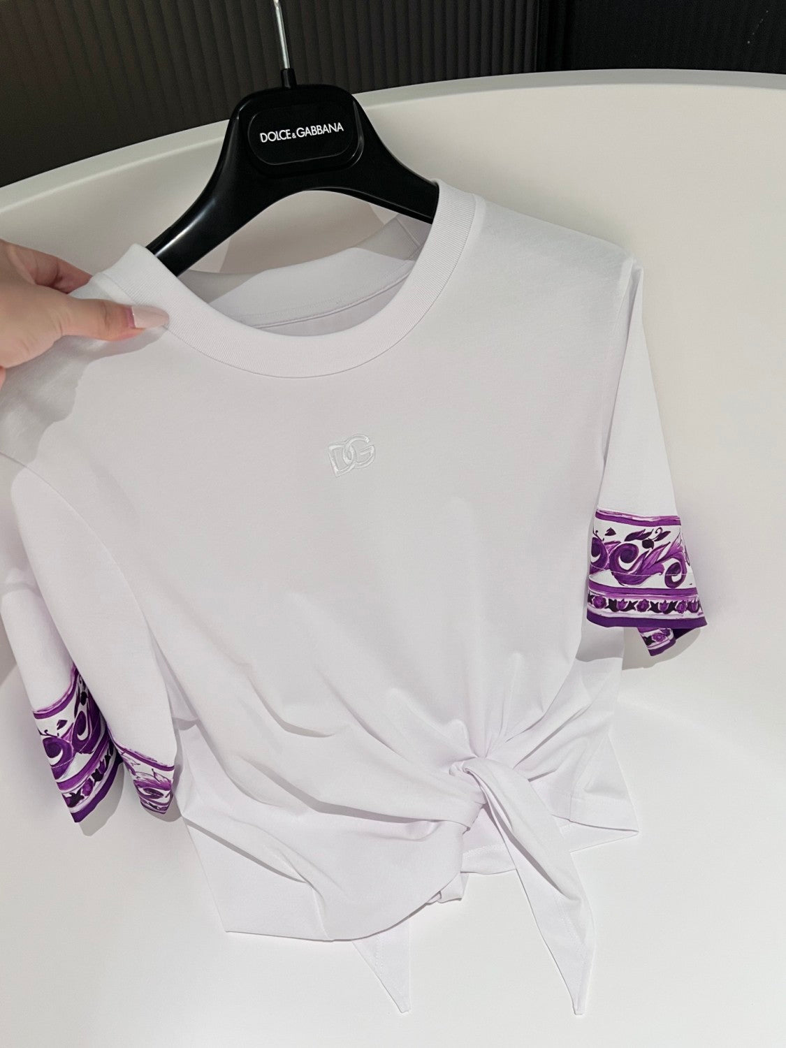 Dolce&Gabbana Women's Summer Logo Embroidered Tie-Front Round Neck Solid Color Silk Short Sleeve T-Shirt #81493