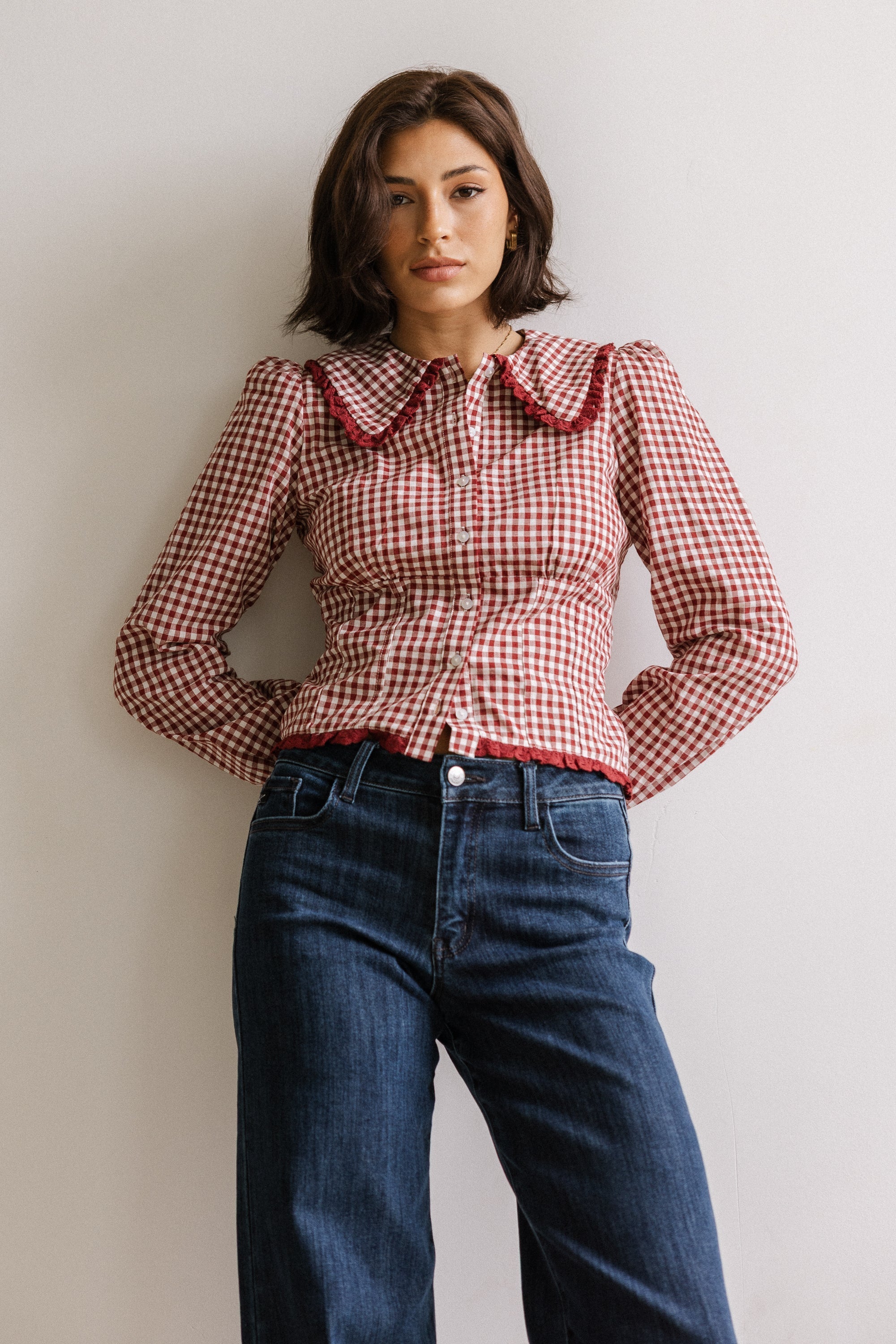 Brenna Gingham Blouse in Burgundy