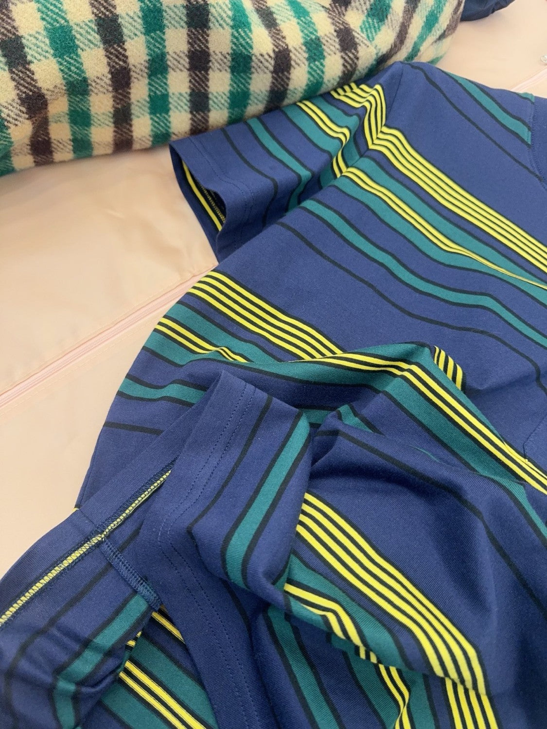 MiuMiu 25FW Women's Striped Short-sleeved T-shirt Yellow And Green Stripes Retro College Style Cotton Logo Pocket #332610