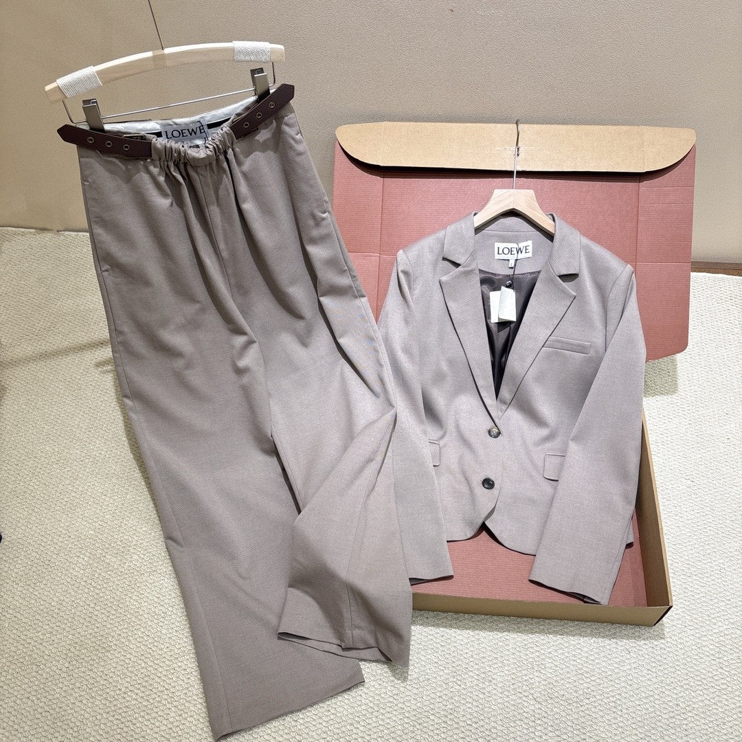 Loewe Women's Spring/fall Classic Solid Color V Neck Single Button Long Sleeve Blazer Paired With Solid Color Elastic Waist Straight Leg Suit Pants Suit Set #79228
