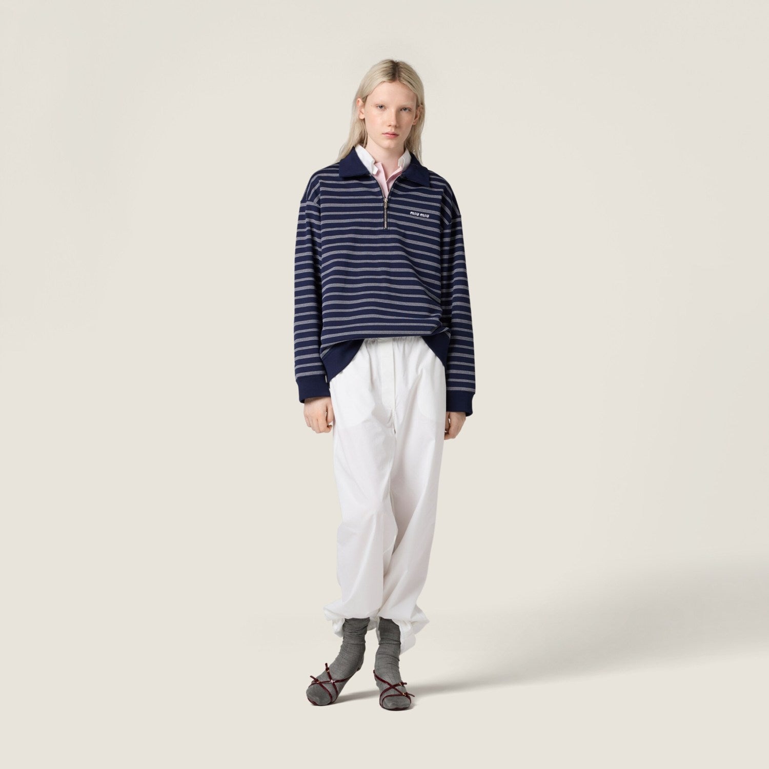 MiuMiu Women's Summer Logo Embroidered Cotton Loose-Fit Color-Block Striped Zipper Polo Shirt #81544