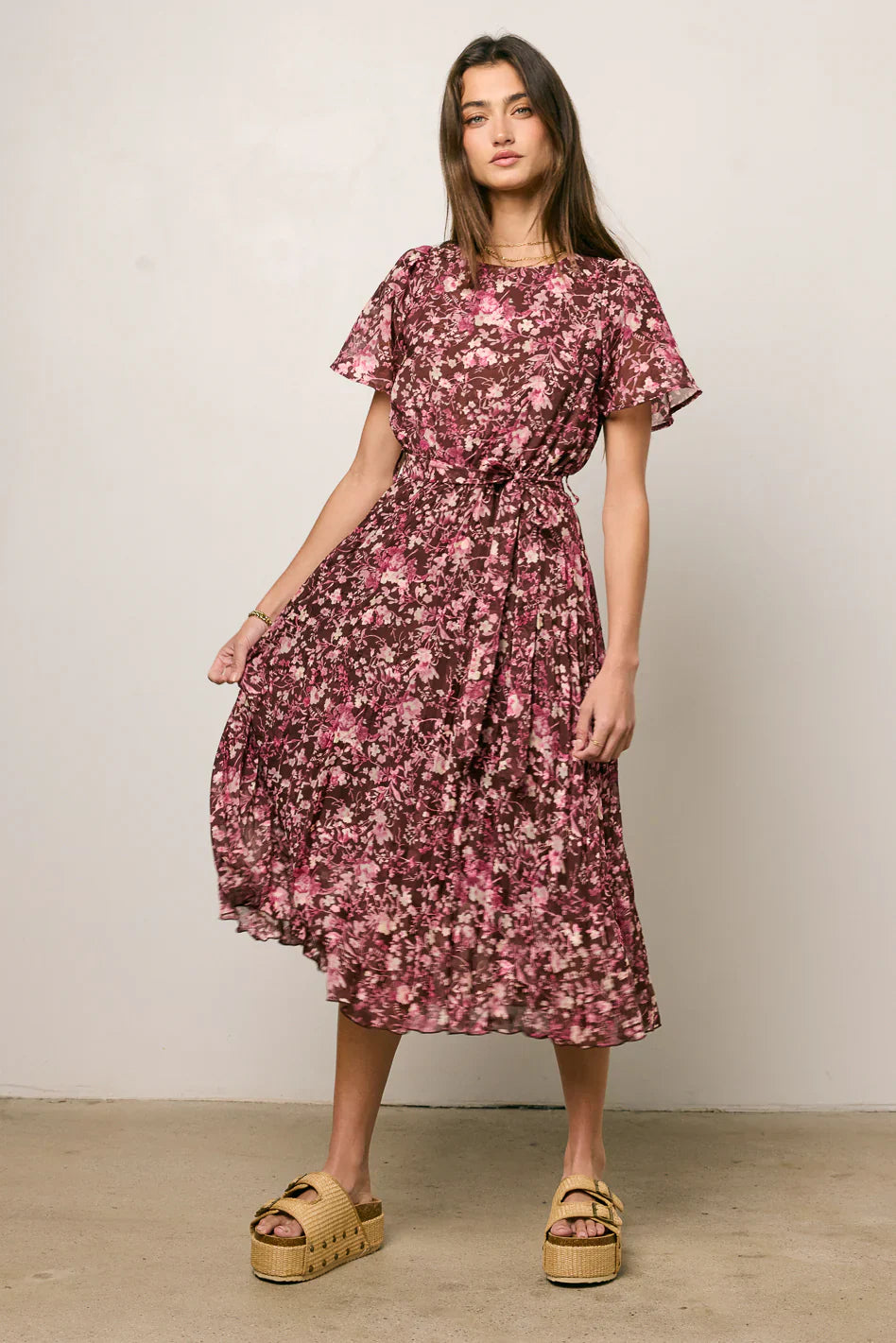 Mary Anne Floral Midi Dress in Brown