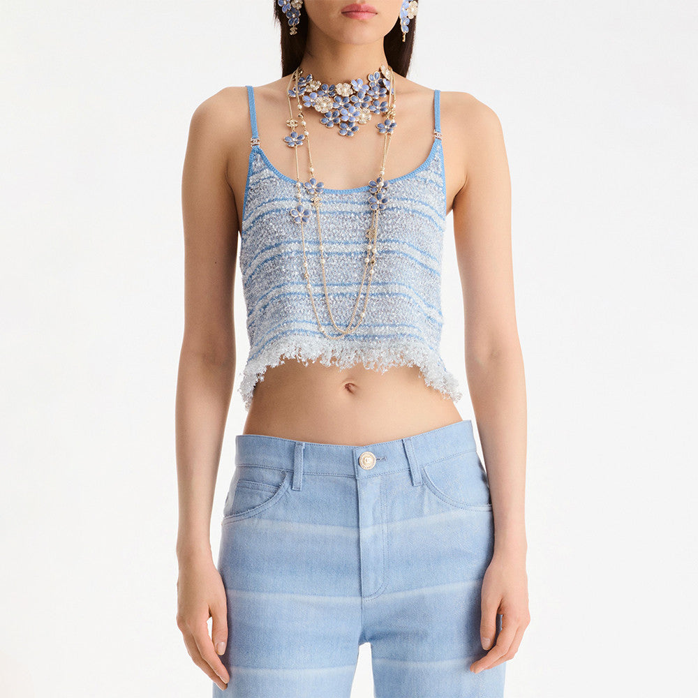 Chanel Top Mixed Fibers Light Blue Black #335493