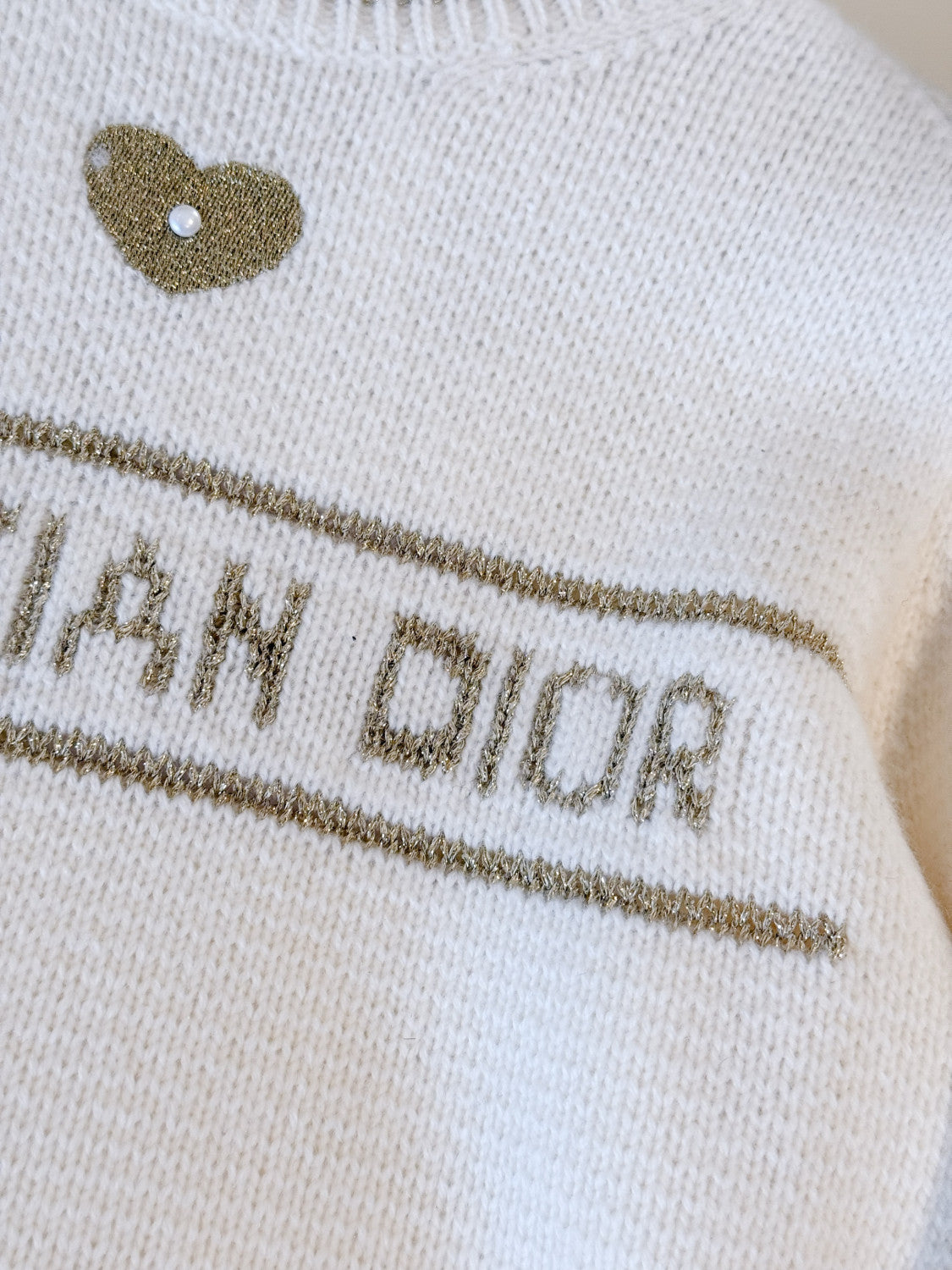 DIOR Short-Sleeved Sweater Ecru and Gold-Tone Virgin Wool-Cashmere Blend Knit #335676