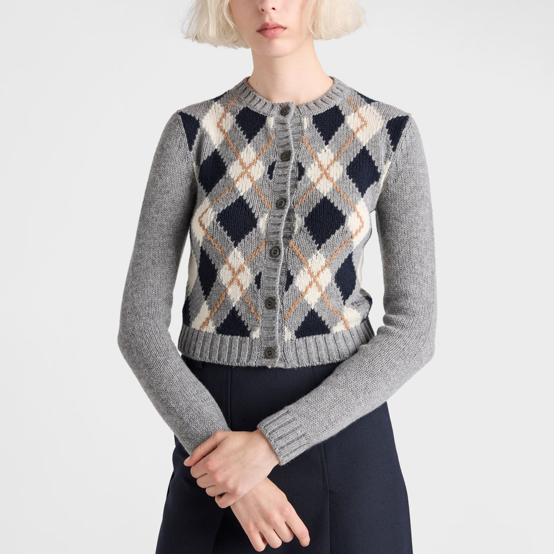 Prada Women's Spring/Fall Round Neck Single-Button Diamond-Pattern Cashmere Knit Cardigan with Letter Embroidery Long Sleeve Cropped Cardigan #78839