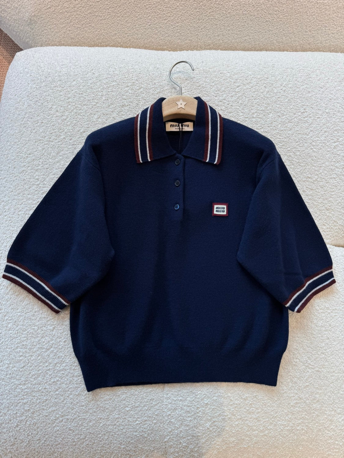 MiuMiu Women's Spring And Summer Polo Shirt Knitted Fashion Retro Navy Blue Striped Color Blocking Buttons Short Sleeve T-shirt Tops #81641