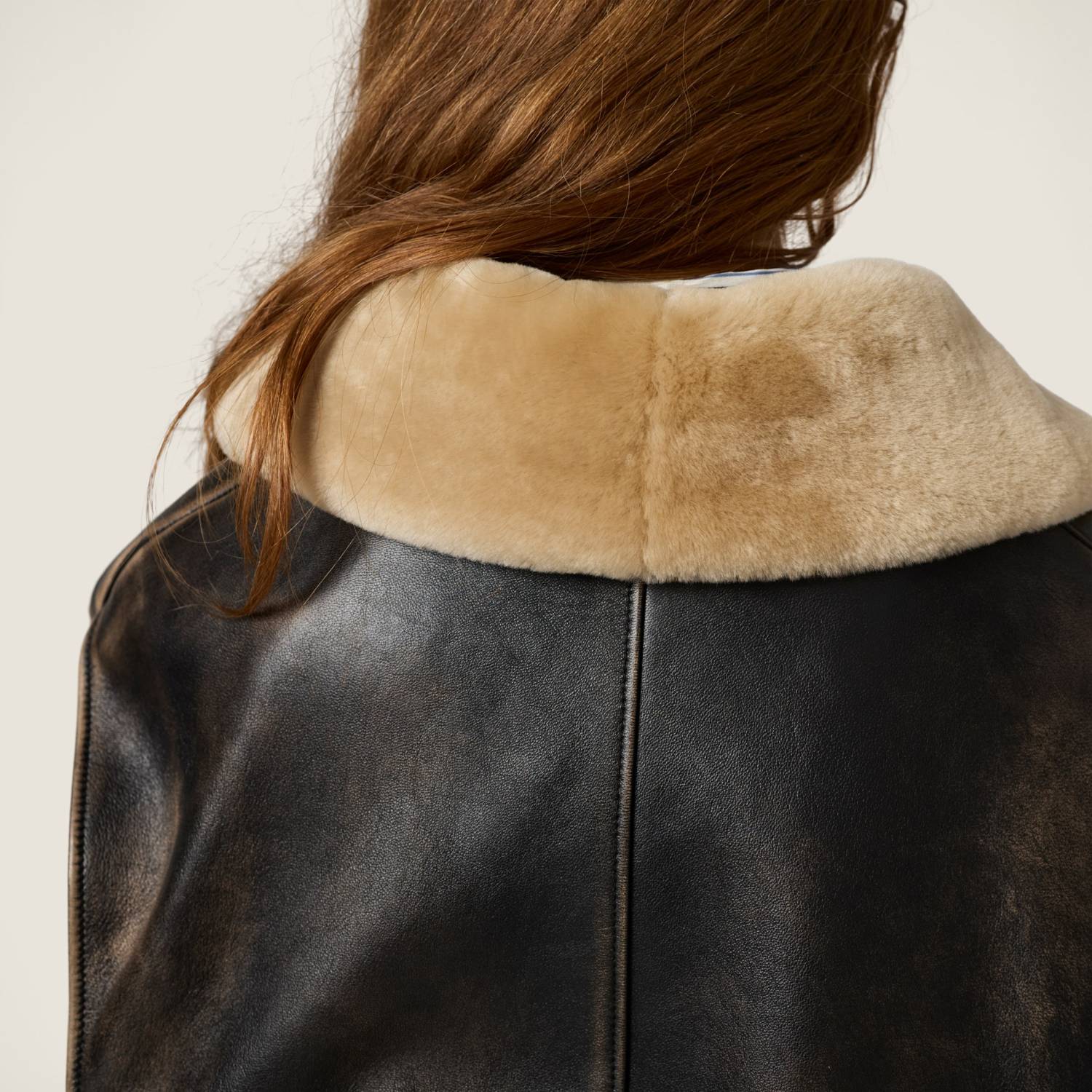 MiuMiu Women's Fur Collar Vintage Distressed Zip Black Nappa Leather Jacket #332783