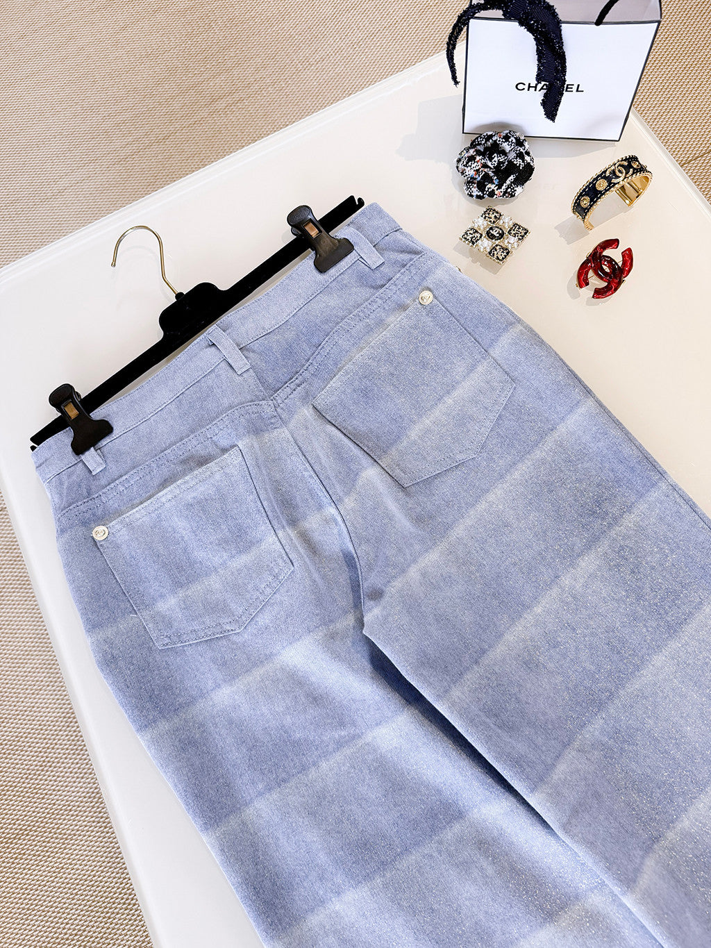 Chanel Jeans Layered Patchwork Denim Light Blue and White #336016