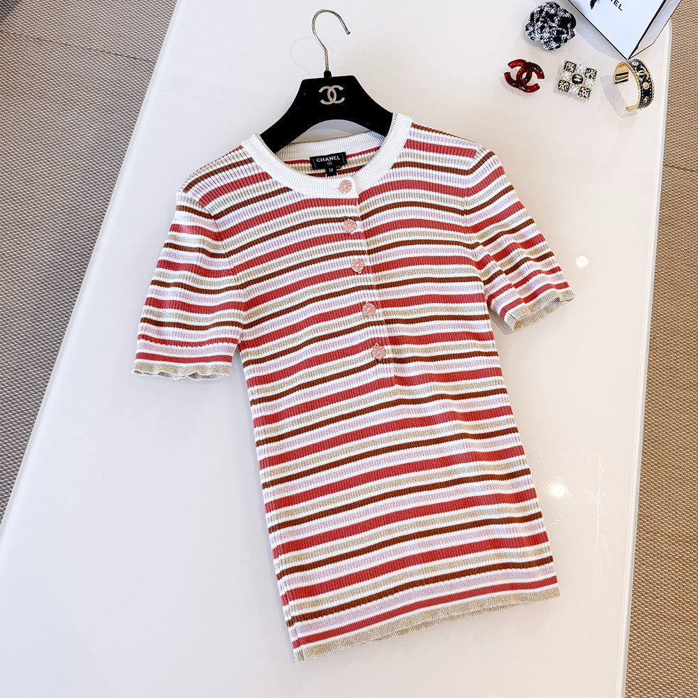 Chanel Short-sleeved Top Cotton Mixed Fibers Pink Red Green #335461