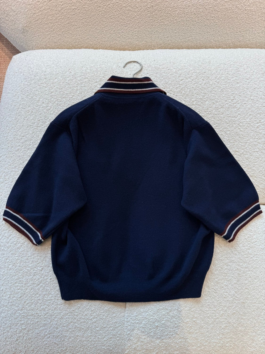 MiuMiu Women's Spring And Summer Polo Shirt Knitted Fashion Retro Navy Blue Striped Color Blocking Buttons Short Sleeve T-shirt Tops #81641