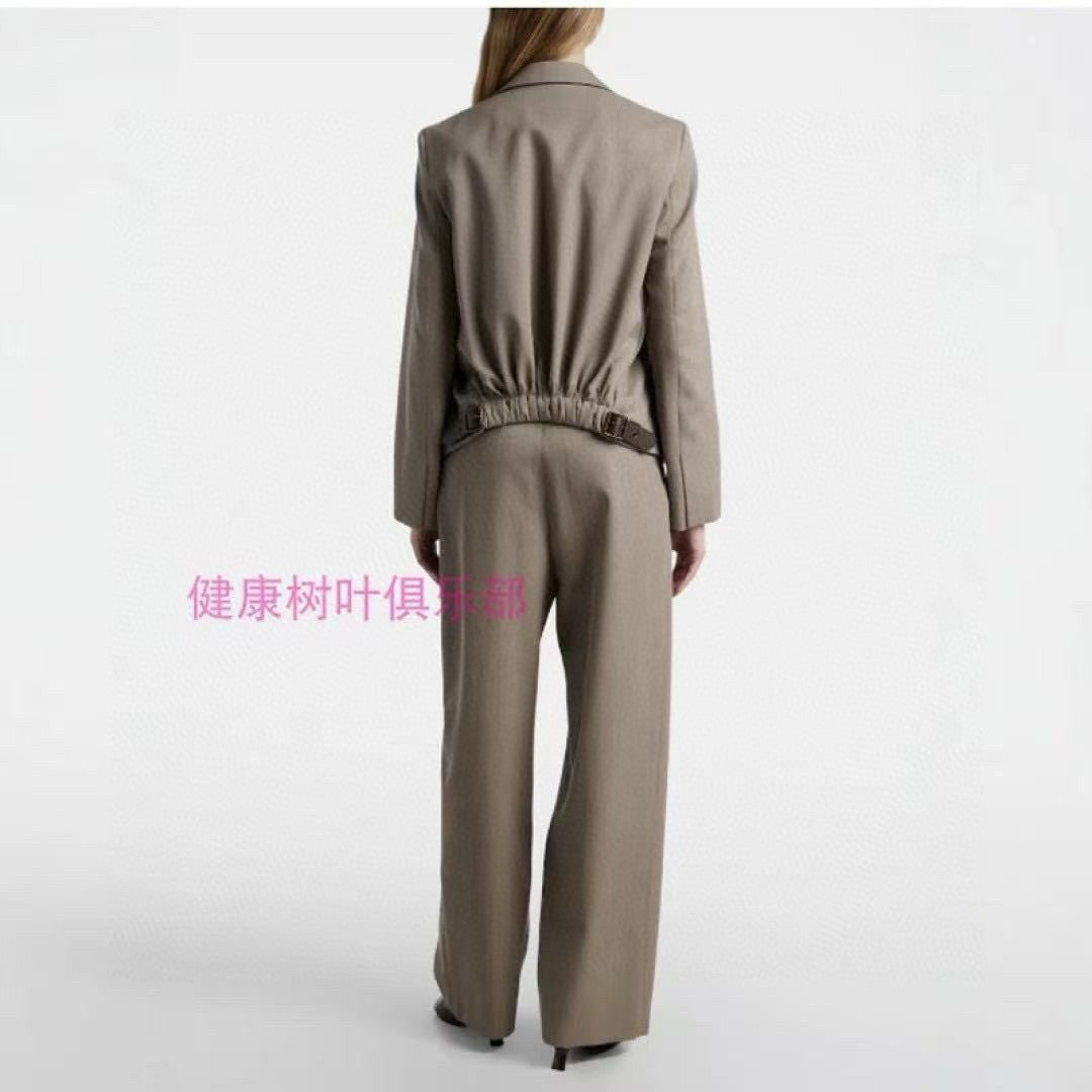 Loewe Women's Spring/fall Classic Solid Color V Neck Single Button Long Sleeve Blazer Paired With Solid Color Elastic Waist Straight Leg Suit Pants Suit Set #79228