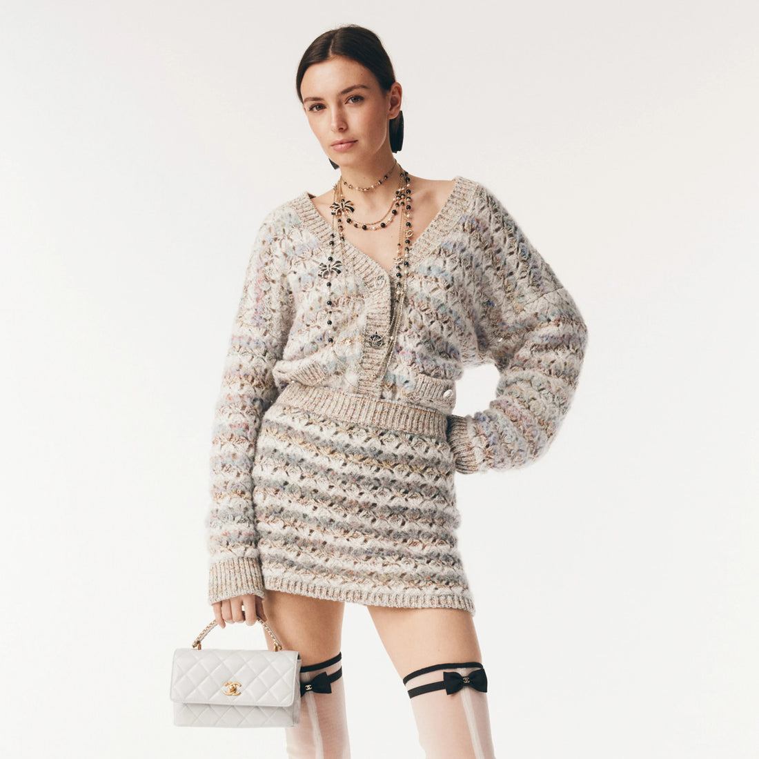 Chanel Women's Spring/Fall V-Neck Single-Button Hollow Knit Multi-Color Long-Sleeve Cardigan Casual Short Skirt Suit Set Ngvp #2355