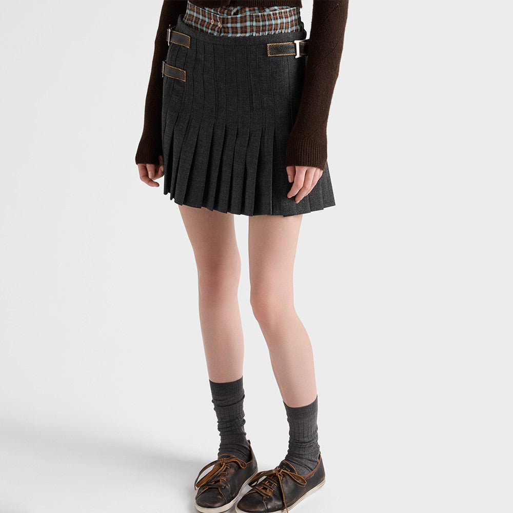 PRADA Slate Gray Pleated Rush Stitch Wool Miniskirt #335944