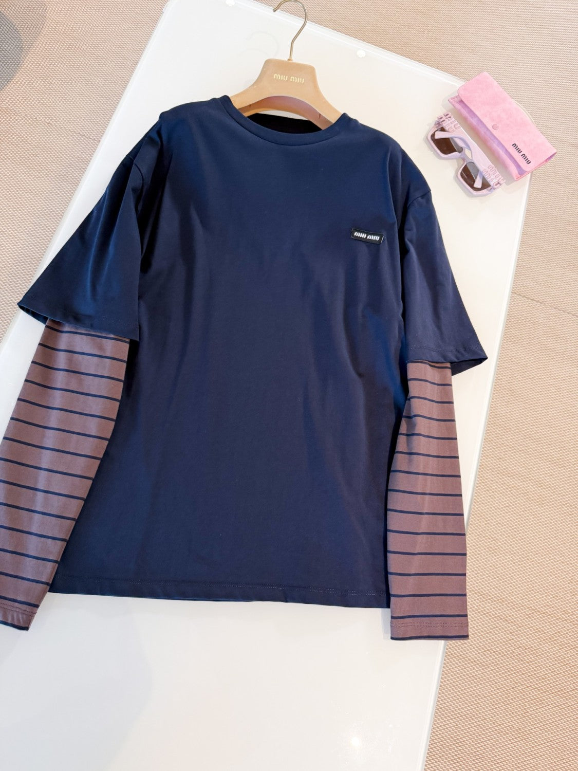 MiuMiu Women's Spring/autumn Fashion Casual Two Piece Color Block Round Neck Striped Long Sleeve Plain Knit T-Shirt #78389