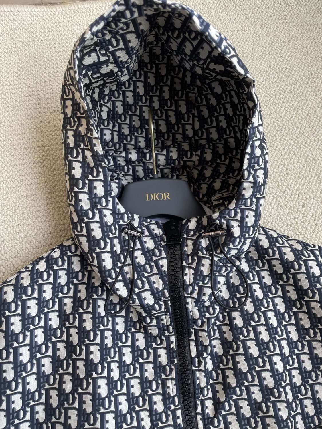 DIOR Hooded Jacket Blue Jacquard Technical Taffeta with Dior Oblique Motif #326749