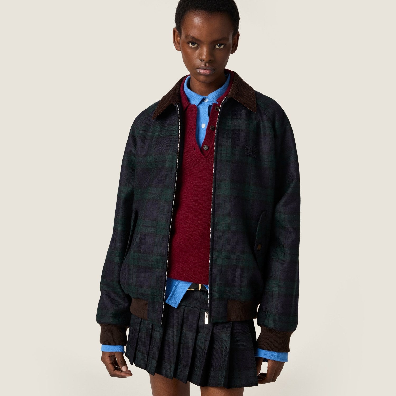 MiuMiu Women's Blue green Checked Twill Blouson Jacket #333542