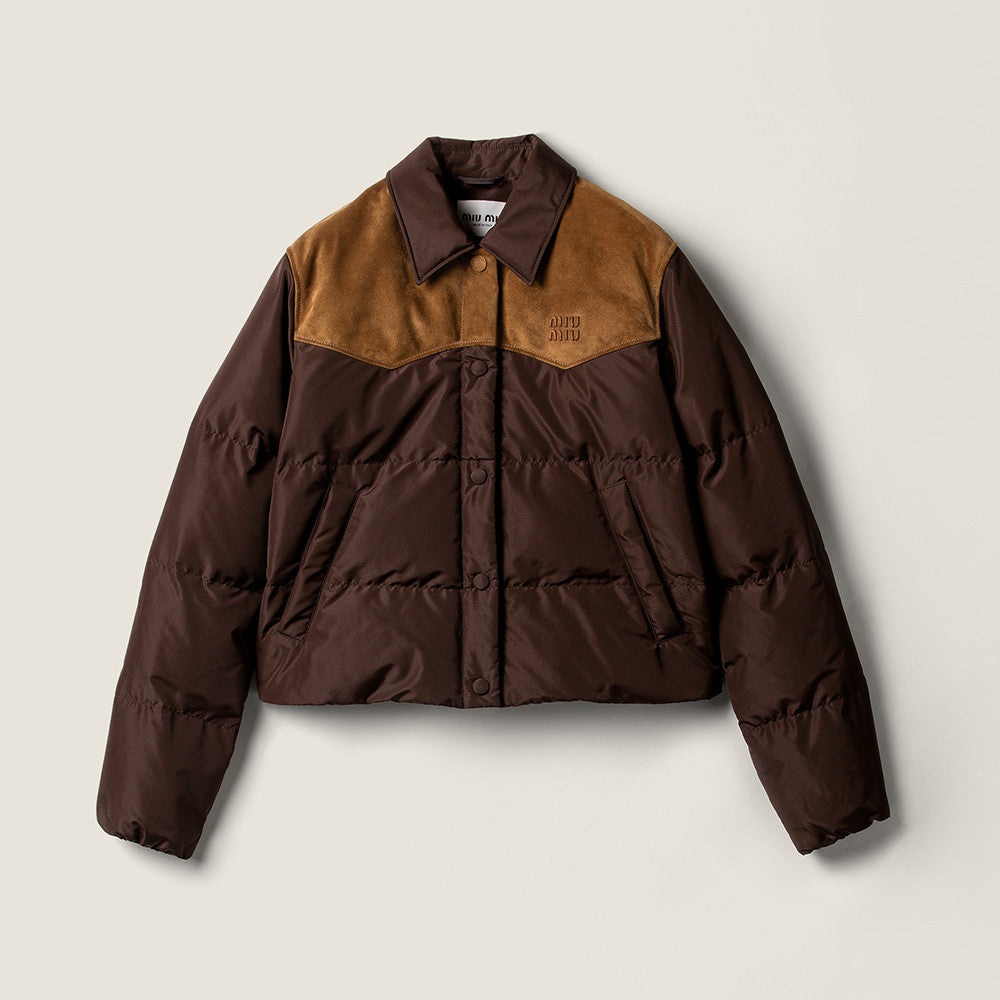 MiuMiu Coffee Technical Pong¨¦ And Leather Down Jacket  #336575